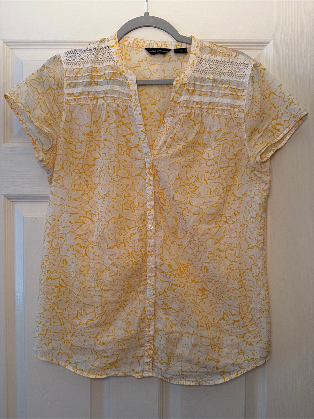 Eddie Bauer Yellow and White Floral Button-Down Blouse